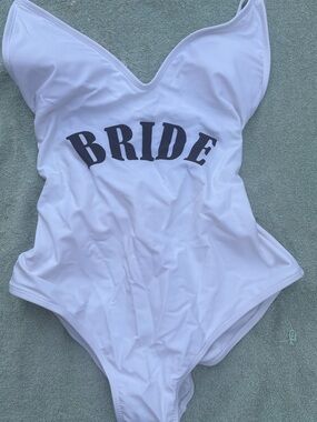 White 'Bride' One-Piece Swimsuit for women - says bride great for a wedding